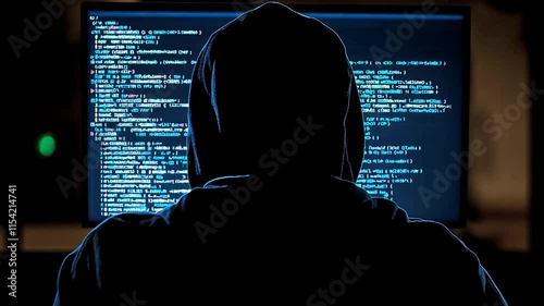 A hooded hacker figure sits in front of a computer screen displaying lines of code