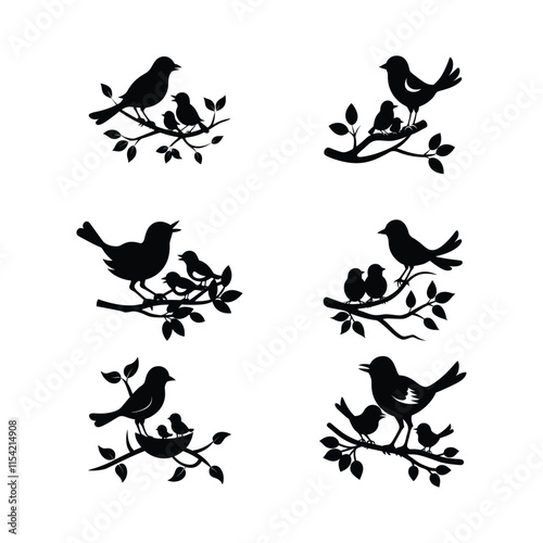 Sunbird (Female) feeding baby bird in the bird's nest on nature vector bundle