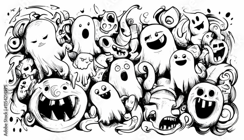 Spooky Halloween Doodle Ghosts Party Graphic Design. photo