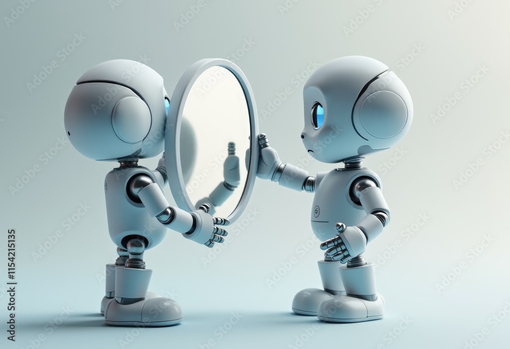 A robot looks into a mirror contemplating its reflection. A robot looks into a mirror contemplating its reflection.