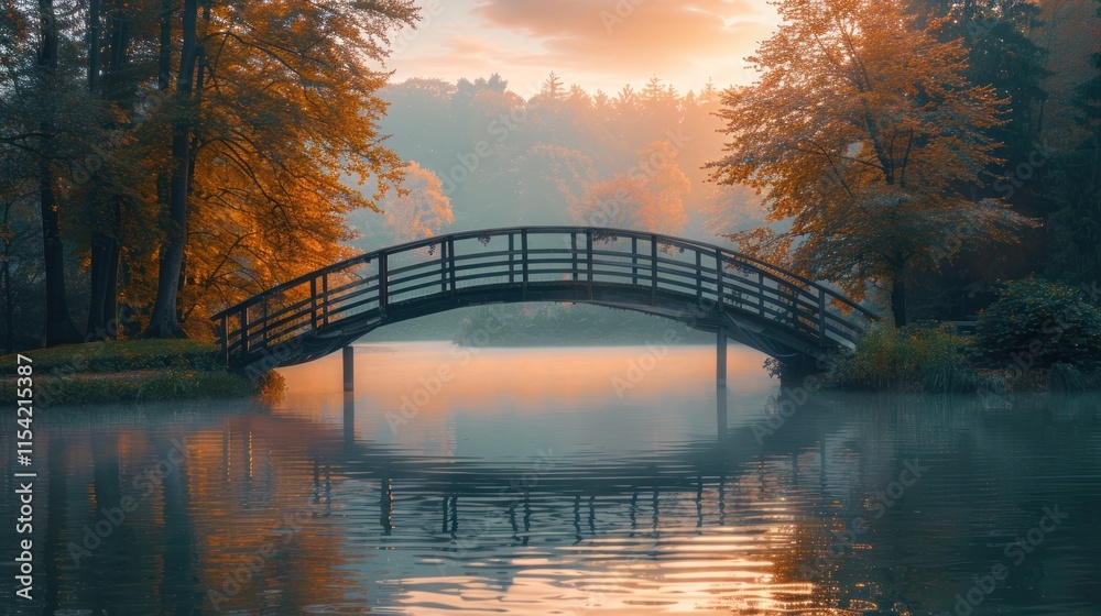 Naklejka premium Misty sunrise over wooden bridge reflecting in calm lake, autumn foliage.