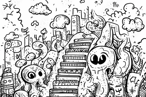 Urban Doodle Octopus Climbing Stairs, Cityscape Background, Graphic Design Illustration. photo