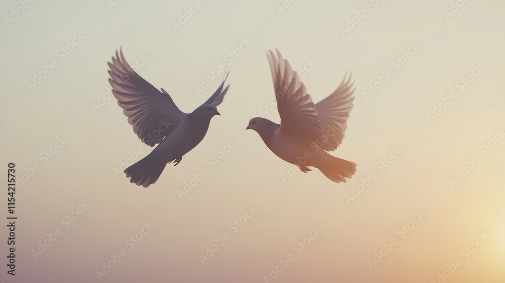 Fototapeta premium Silhouetted Birds in Flight Against a Soft Sunset Background