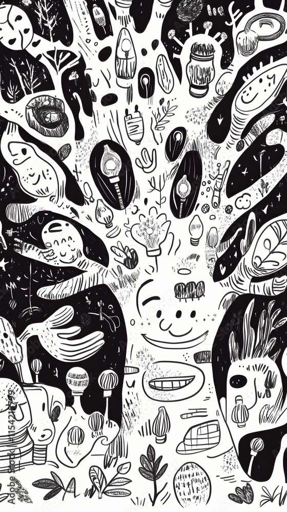 Whimsical black and white tree of life illustration with faces, nature elements, and cosmic background for print, design, or book cover. Whimsical black and white tree of life illustration with faces, nature elements, and cosmic background for print, design, or book cover.