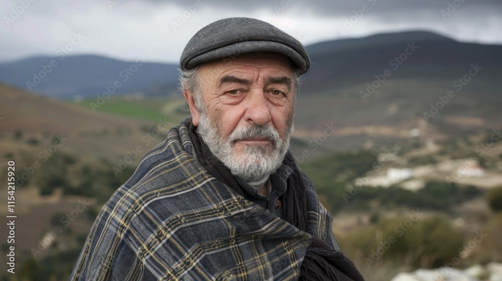 Elderly man with grey beard wearing a cap and plaid shawl outdoors, mountains in background. Elderly man with grey beard wearing a cap and plaid shawl outdoors, mountains in background.