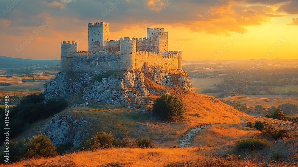 Obraz premium Majestic Castle Perched Atop Hillside Sunset Glow