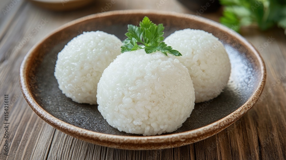 Delicate White Rice Balls Garnished with Fresh Green Herb Sprig Delicate White Rice Balls Garnished with Fresh Green Herb Sprig