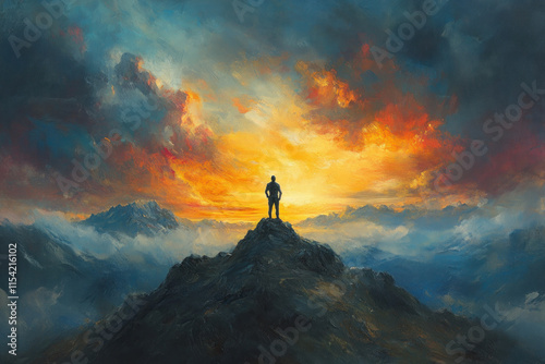 Man stands on mountain peak at sunset, silhouette stark against colorful sky, embodying triumph and peace in nature's grandeur.
