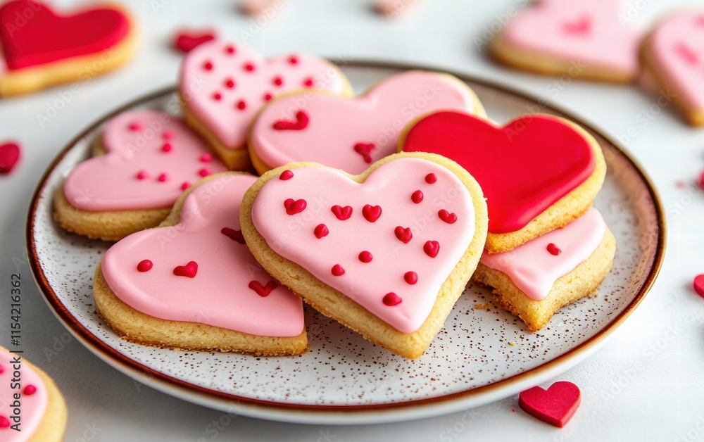 A plate of valentines day sugar cookies with pink and red icing, on a bright white background A plate of valentines day sugar cookies with pink and red icing, on a bright white background