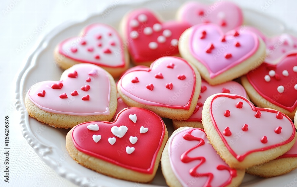 A plate of valentines day sugar cookies with pink and red icing, on a bright white background