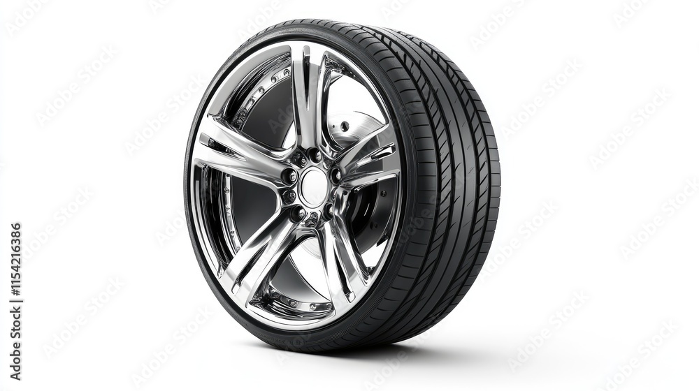 Modern Chrome Alloy Wheel with High-Performance Tire on White Background Modern Chrome Alloy Wheel with High-Performance Tire on White Background