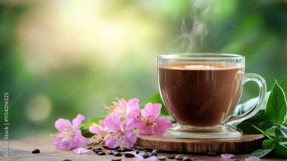 Steam Rising from Coffee Cup Next to Floral Arrangement Outdoors Steam Rising from Coffee Cup Next to Floral Arrangement Outdoors
