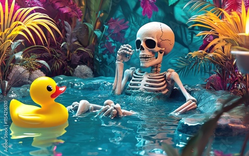 A quirky skeleton enjoying a mud bath, with a rubber duck floating nearby, set in a vibrant spa scene photo