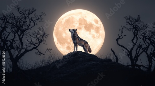 A lone coyote howls on a rocky outcrop under a full moon, silhouetted against a dark, atmospheric sky with twisted trees.