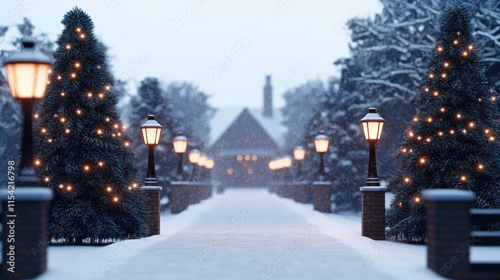 A serene winter pathway lined with decorated trees and glowing lamps, covered in snow, creating a magical festive atmosphere. A serene winter pathway lined with decorated trees and glowing lamps, covered in snow, creating a magical festive atmosphere.