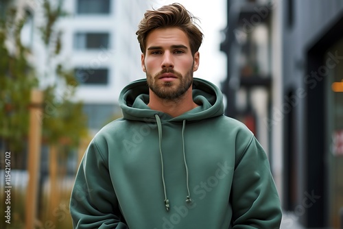 A young man in a green hoodie confidently posing outdoors in a modern urban environment. The look portrays effortless style and city vibes. hoodie mockup, presentation