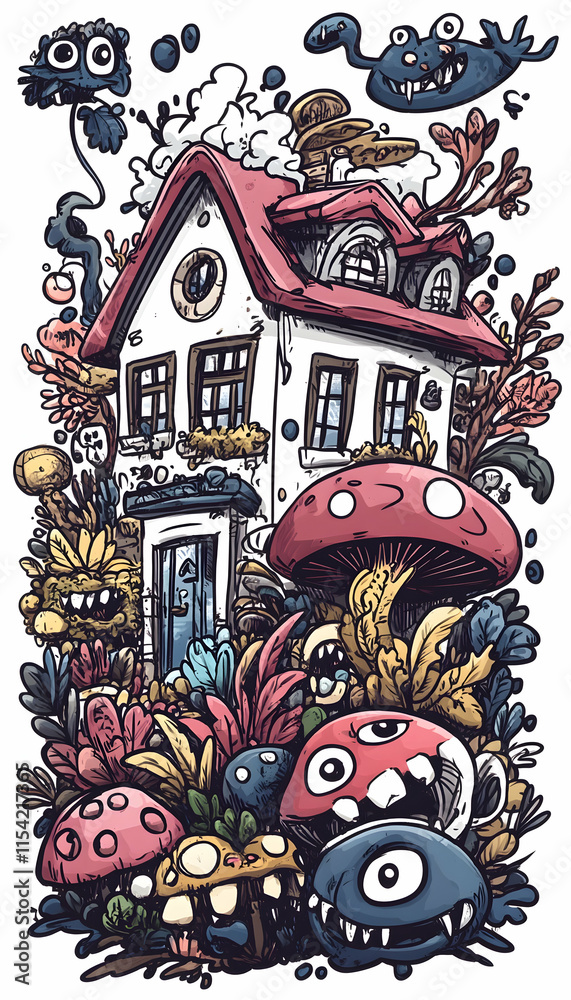 Fototapeta premium Whimsical House, Fantasy Creatures, Garden, Illustration, T-Shirt Design.