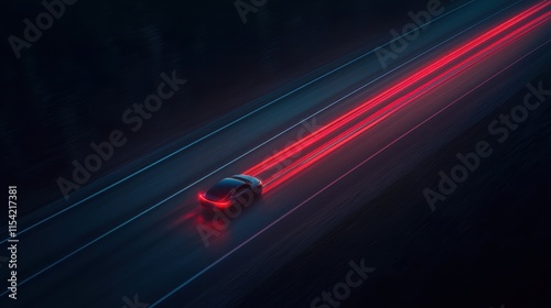 A sleek car drives along a dark road, leaving vibrant red light trails against a backdrop of moody colors.