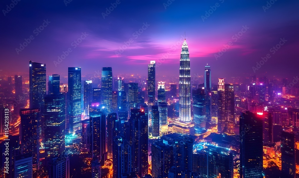 Fototapeta premium Vibrant City Lights, Panoramic Background of a Modern Cityscape at Dusk