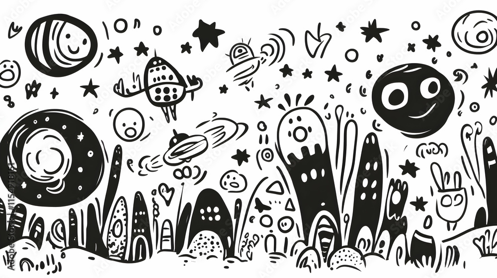 Whimsical Space Doodle Art Print, Stars, Planets, Aliens, Background Design.