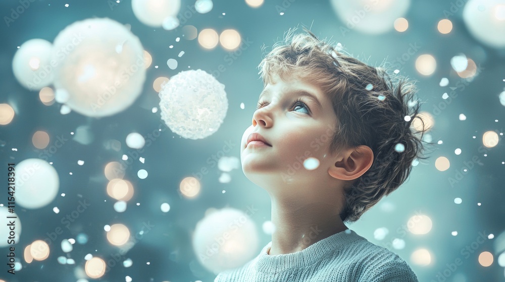 Child looking up at glowing lights with wonder Child looking up at glowing lights with wonder