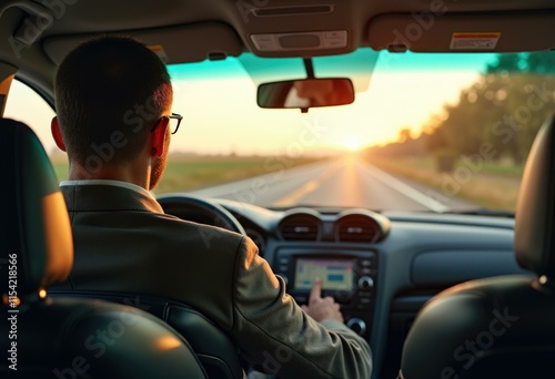 A man in a suit drives a car towards the setting sun on a highway. photo