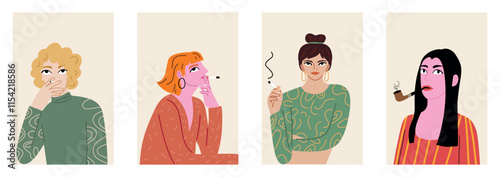 A set of portraits of women with a cigarette. Smoking women.