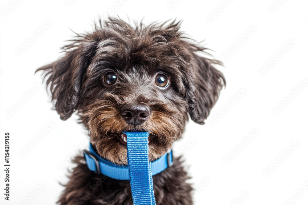 Small dog with blue leash sitting on green grass, looking up eagerly. Small dog with blue leash sitting on green grass, looking up eagerly.