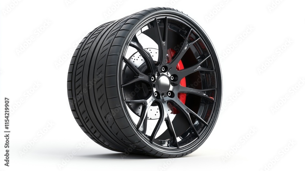 Obraz premium Sleek Black Alloy Wheel with High-Performance Tire on White Background