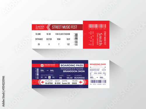 Creative and colorful flight ticket template design, editable dark blue and red color modern design.