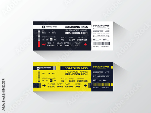 Creative and colorful flight ticket template design, editable dark blue and yellow color modern design.