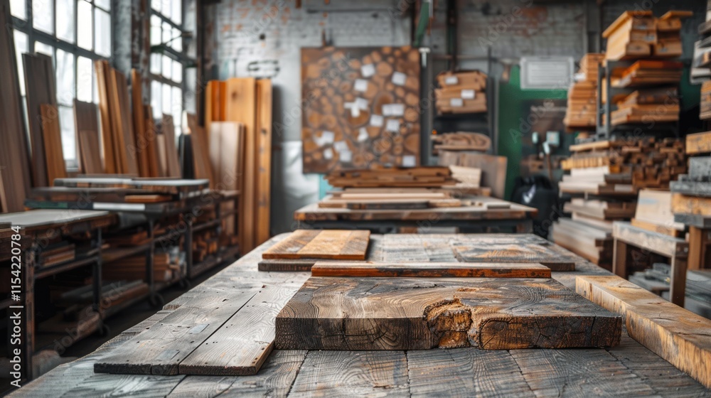 Rustic woodworking workshop interior with various wood pieces. Rustic woodworking workshop interior with various wood pieces.