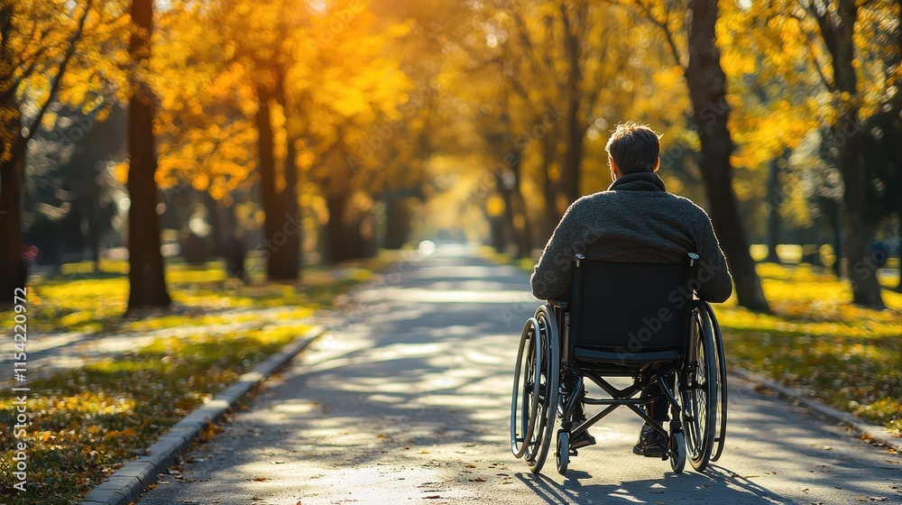Contemplating life in a wheelchair autumn park path emotional journey nature setting back view resilience concept Contemplating life in a wheelchair autumn park path emotional journey nature setting back view resilience concept