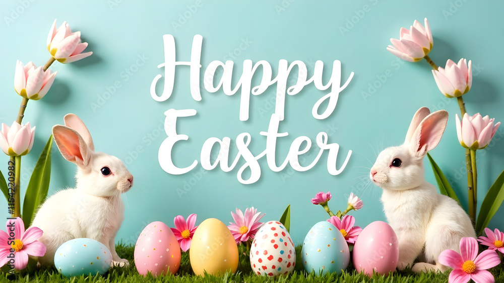Easter decorations border with white Handwriting thin Letters Happy Easter over Easter background with bunnies, eggs and flowers