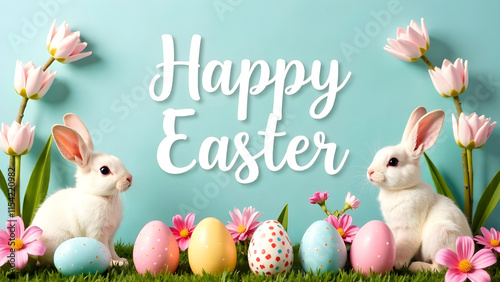 Obraz na płótnie Easter decorations border with white Handwriting thin Letters Happy Easter over Easter background with bunnies, eggs and flowers w salonie