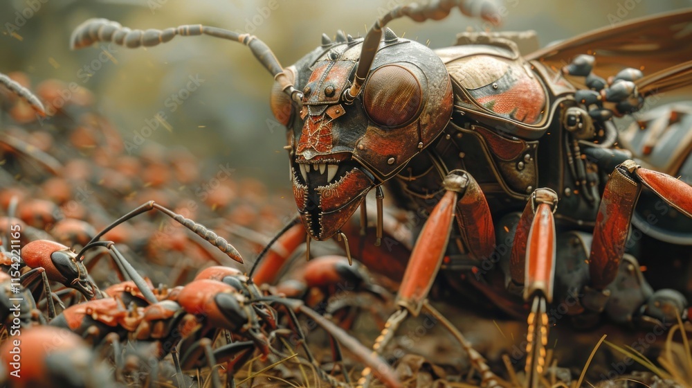 Close-up of a robotic insect amidst a colony of ants. Close-up of a robotic insect amidst a colony of ants.
