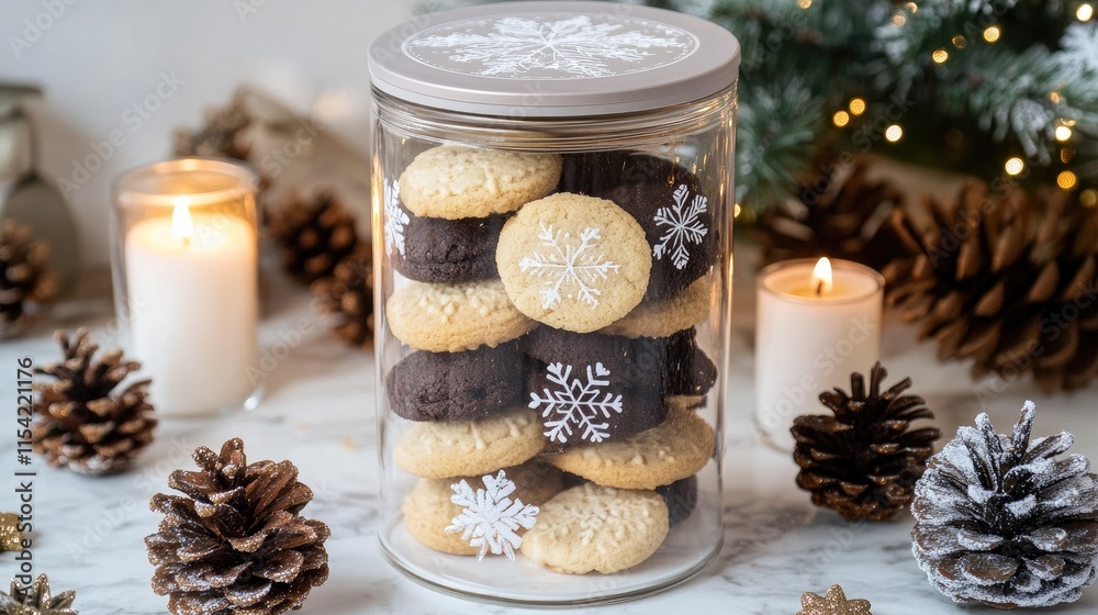 Holiday Cookies in Glass Jar with Snowflakes and Pinecones Holiday Cookies in Glass Jar with Snowflakes and Pinecones