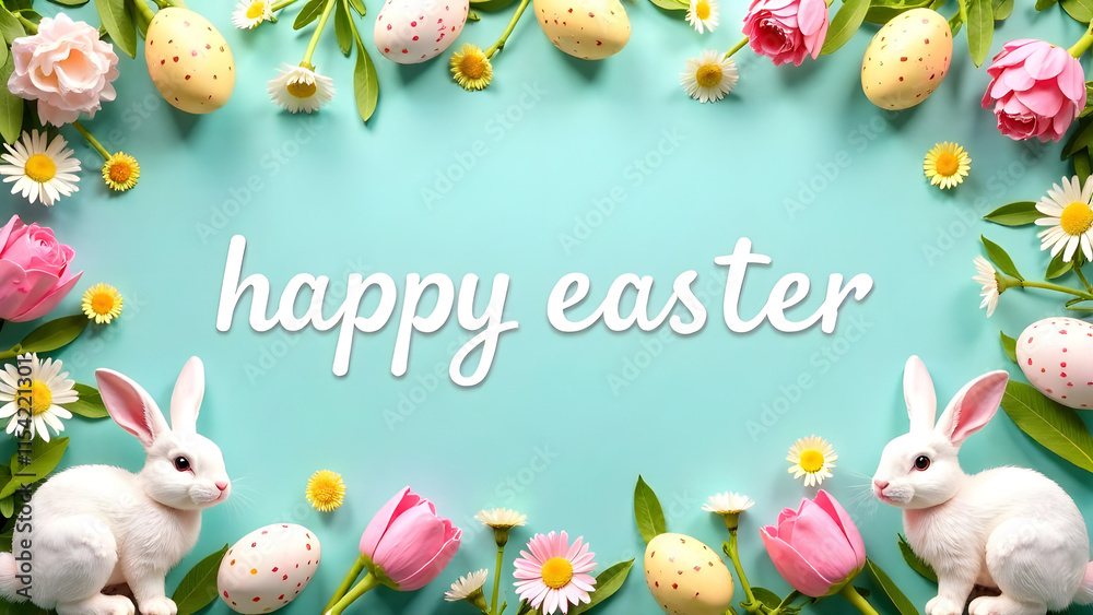 Easter decorations border with white Handwriting thin Letters Happy Easter over Easter background with bunnies, eggs and flowers