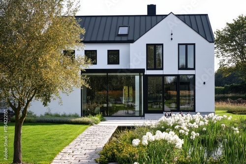 A white-painted house with a black roof, modern architecture in the Netherlands, with large windows and glazing. The garden is full of flowers, and a white wall surrounds the property.