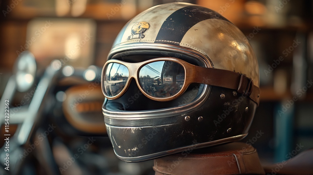 Fototapeta premium Vintage Motorcycle Helmet with Goggles: A Classic Ride