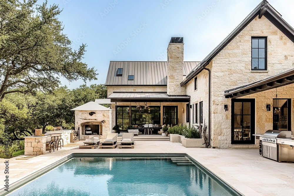 Fototapeta premium A large modern farmhouse with an infinity pool. The house is located in Sankey and features light tan stone walls, black windows, bronze accents, sophisticated outdoor furniture around the patio area.