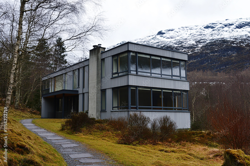 Obraz premium A house in Norway, featuring simple modernist architecture with large windows and a flat roof, constructed of concrete and steel. The building is surrounded by a grassy landscape and some trees.