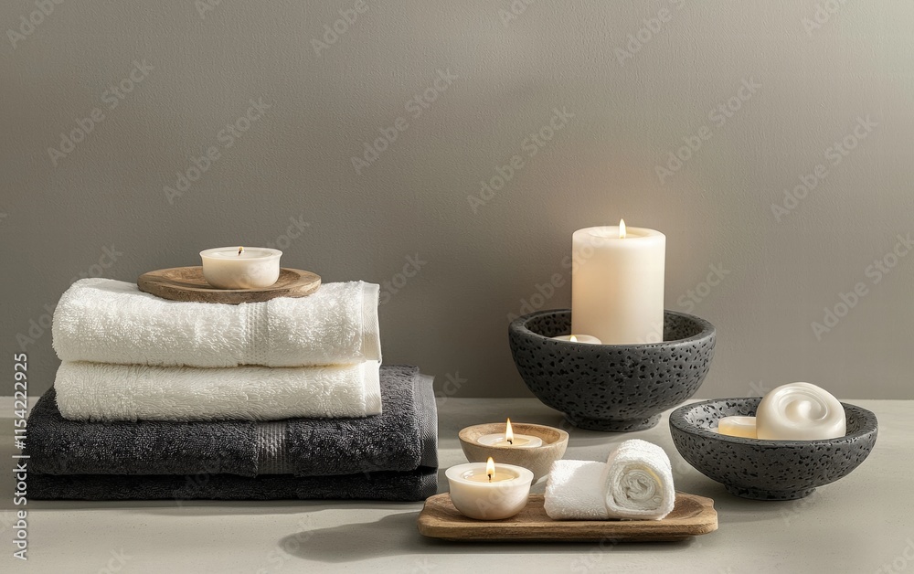 Elegant spa setup with fluffy towels and calming tea lights on a light grey background Elegant spa setup with fluffy towels and calming tea lights on a light grey background