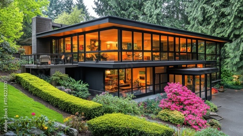 Modern house with large windows surrounded by lush greenery and flowers