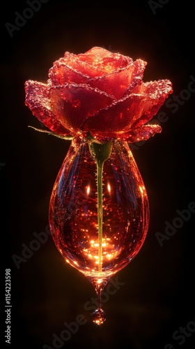 A radiant red rose encased in a luminous glass droplet, exuding elegance and vibrance, against a black background. Highlights intricate details of petals. AI generated. photo