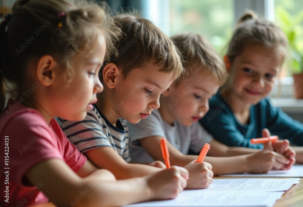 Four children focus intently on their schoolwork. Four children focus intently on their schoolwork.