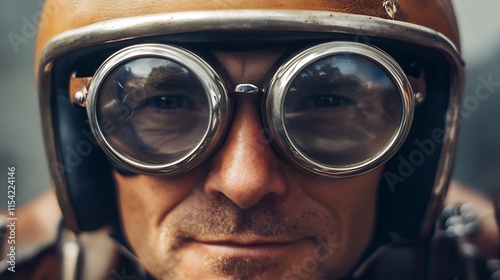 Close-up Portrait of a Man Wearing Vintage Goggles and Helmet photo