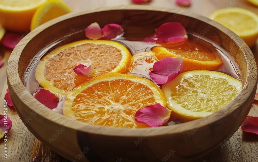 Relaxing foot bath with citrus slices and rose petals in a wooden bowl Relaxing foot bath with citrus slices and rose petals in a wooden bowl