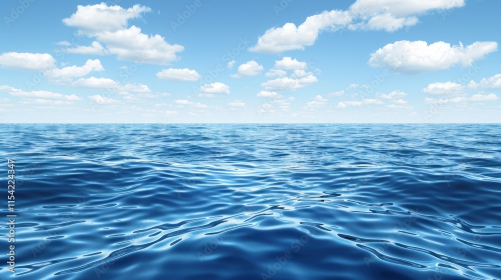 Calm ocean surface under a blue sky with fluffy white clouds. Calm ocean surface under a blue sky with fluffy white clouds.