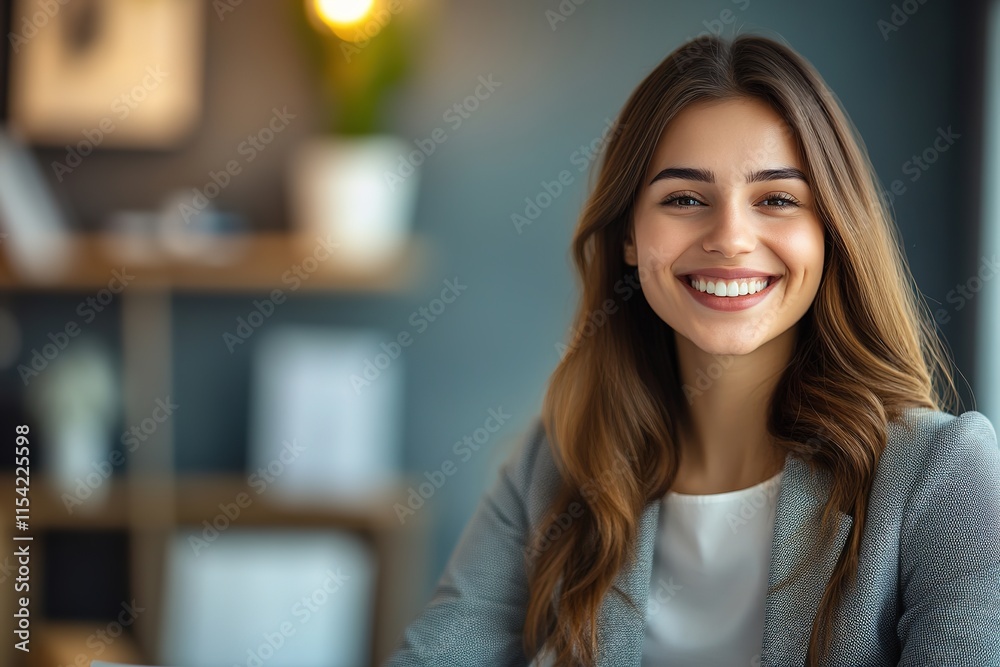 Bright smile radiates positivity in modern office setting, showc Bright smile radiates positivity in modern office setting, showc